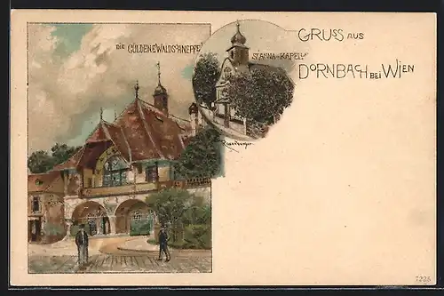 Künstler-Lithographie sign. Rosenberger: Wien-Dornbach, Die güldene Waldschnepfe, St. Anna-Kapelle