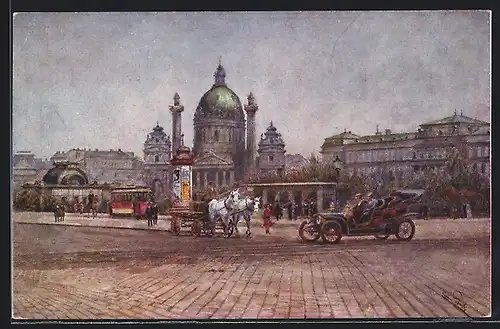Künstler-AK Erwin Pendl: Partie am Karlsplatz mit Karlskirche, Strassenbahn, Litfasssäule