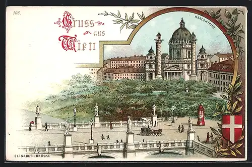 Lithographie Wien, Elisabethbrücke und Karlskirche