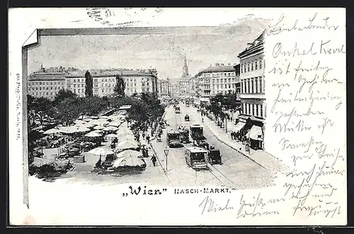 AK Wien, Naschmarkt mit Strassenbahnen