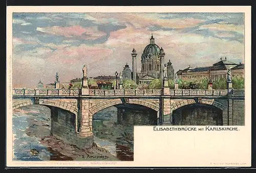 Lithographie Wien, Elisabethbrücke und Karlskirche