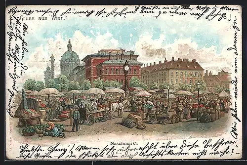 Lithographie Wien, Händlerstände auf dem Naschmarkt