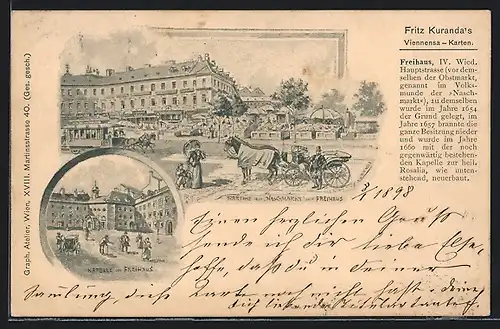 Lithographie Wien, Kapelle im Freihaus und Parthie am Naschmarkt