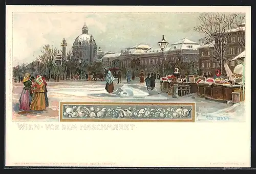 Lithographie Wien, Spaziergänger vor dem Naschmarkt