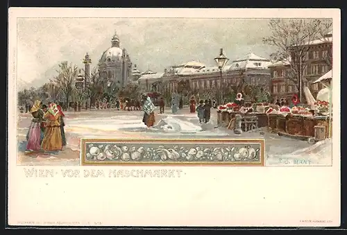 Lithographie Wien, Spaziergänger vor dem Naschmarkt