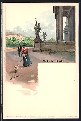 Lithographie Wien, Partie vor der Karlskirche, Dame mit Hund