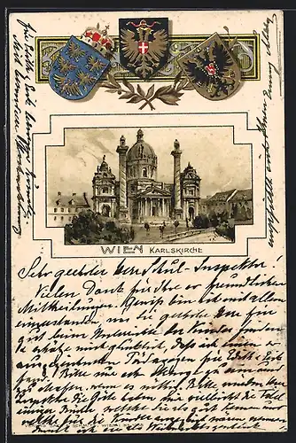 Lithographie Wien, Karlskirche, Wappen