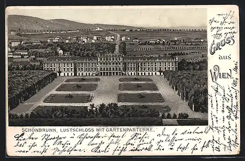 Lithographie Wien-Schönbrunn, Lustschloss mit Gartenparterre
