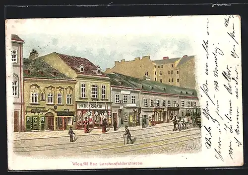 Lithographie Wien, Lerchenfelderstrasse mit Geschäften