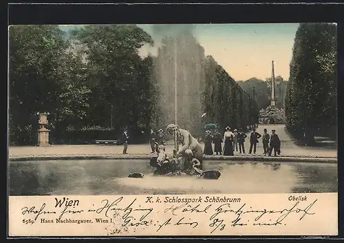 AK Wien, Springbrunnen und Obelisk im K. k. Schlosspark Schönbrunn