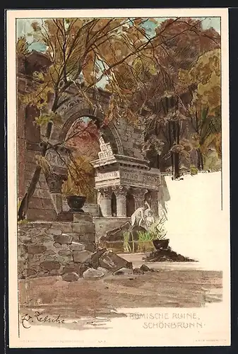 Lithographie Wien, Römische Ruine in Schönbrunn