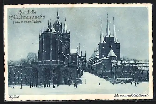 AK Erfurt, Dom und St. Severikirche im Schnee, Neujahrsgruss