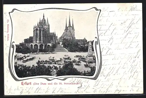 AK Erfurt, Dom und St. Severikirche mit Denkmal