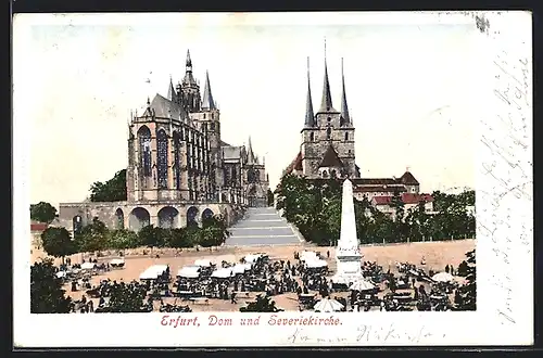 AK Erfurt, Wochenmarkt vor dem Dom und der Severiekirche