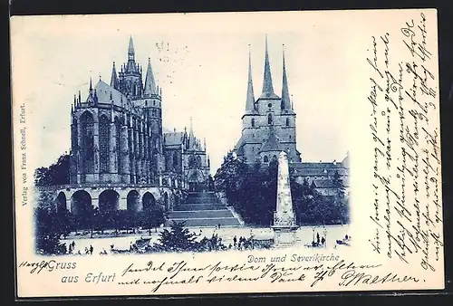 AK Erfurt, Dom und St. Severikirche mit Denkmal