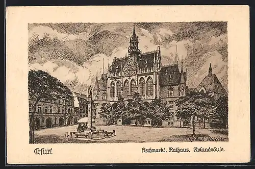 Künstler-AK Erfurt, Fischmarkt mit Rathaus und Rolandsäule