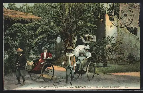 AK Marseille, Exposition Coloniale, Pousse-Pousse Tonkinois, Rikschafahrer bringen Gäste zur Ausstellung