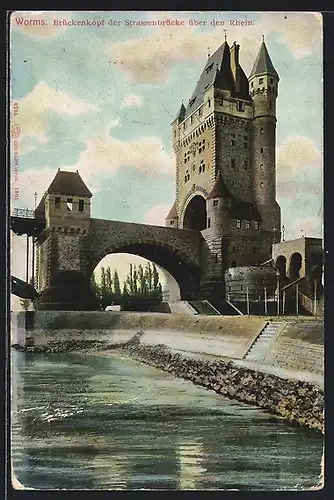 AK Worms, Brückenkopf der Strassenbrücke über den Rhein