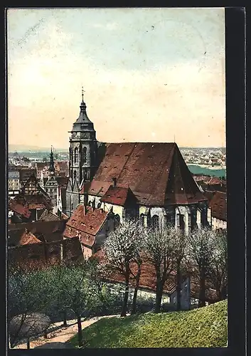 AK Pirna, Stadtkirche mit blühenden Bäumen