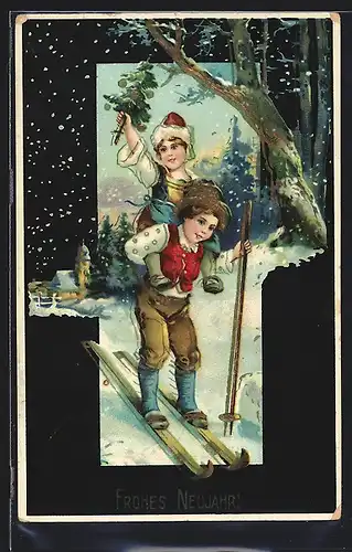AK Junge mit Mädchen auf der Schulter auf Ski