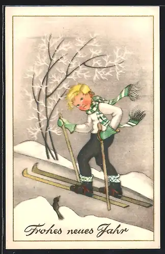 AK Junge auf Ski begegnet einem Vogel