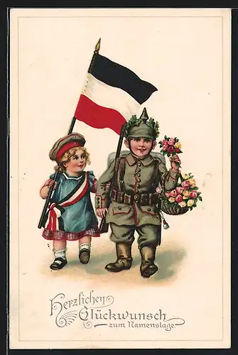 Lithographie Kinder Kriegspropaganda, Soldat in Uniform mit Freundin und Reichsflagge, mit Gold verziert