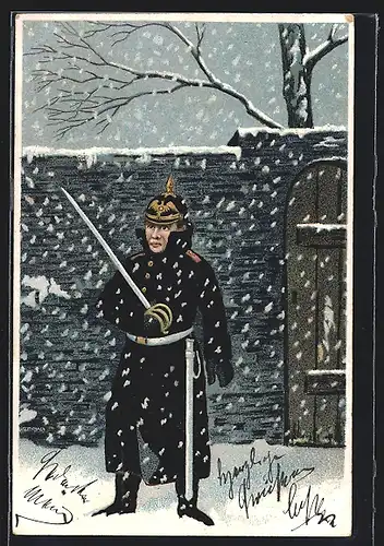 AK Soldat mit Schwert und Pickelhaube am Neujahrsmorgen