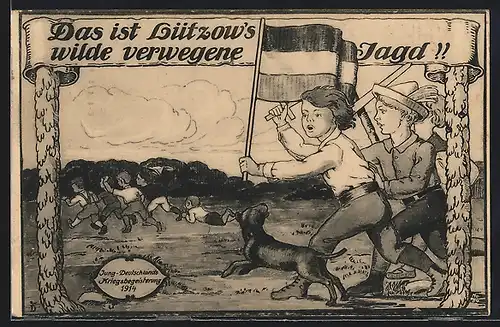 AK Jung-Deutschlands Kriegsbegeisterung, Lützow's wilde verwegene Jagd, Kinder mit Hund spielen Krieg