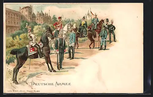 Lithographie Deutsche Armee, Kavalleristen und Infanteristen in Uniform