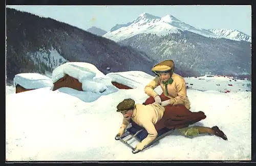 AK Frau und Mann beim Schlittenfahren