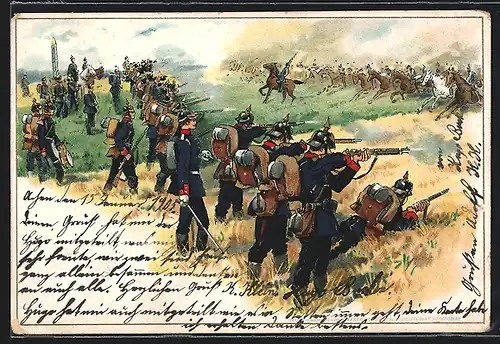 Lithographie Infanterie im Gefecht gegen Reiterei
