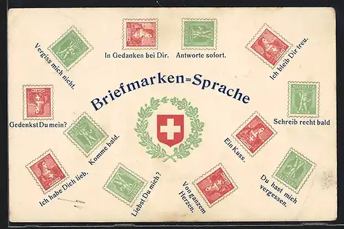 AK Briefmarkensprache schweizer Briefmarken: Ich habe Dich lieb