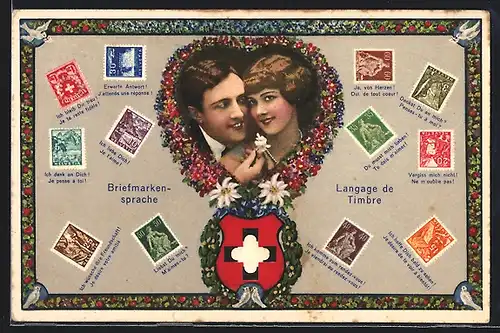 AK Schweizer Briefmarken und ihre Bedeutungen in der Briefmarkensprache, Verliebtes Paar im Herz