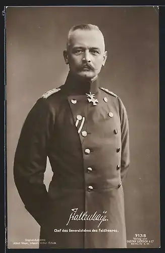 AK General Erich von Falkenhayn, Chef des Generalstabes des Feldheeres, in Uniform mit Eisernem Kreuz