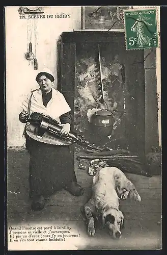 AK Berry, Frau in Tracht mit Drehleier und Hund vor dem Kamin, Type du Centre