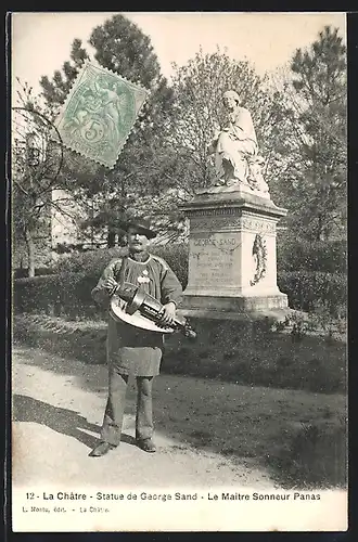 AK La Chatre, Statue de George Sand, Le Maitre Sonneur Panas, Type du Centre
