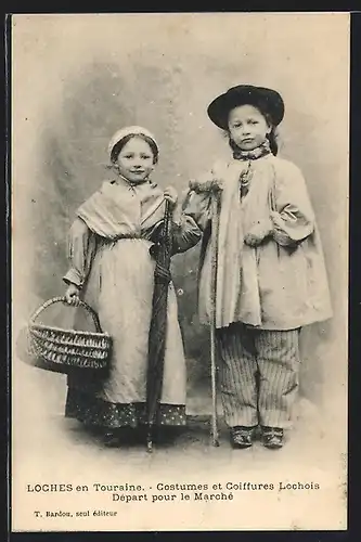 AK Touraine, Costumes et Coiffures Lochois, Départ pour le Marché, Types du Centre