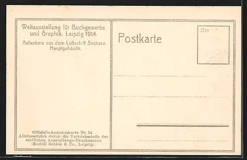 AK Leipzig, Weltausstellung für Buchgewerbe und Graphik 1914, Aufnahme aus dem Luftschiff Sachsen