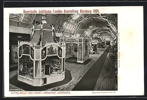 AK Nürnberg, Bayerische Jubiläums-Landes-Ausstellung 1906, Mittelhalle des Haupt-Industrie-Gebäudes