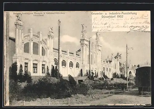 AK Düsseldorf, Gewerbe- u. Industrie-Ausstellung 1902, Bau der Vereinigten Waggon- u. Lokomotivfabriken