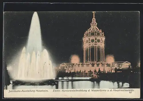 AK Mannheim, Intern. Kunst & Grosse Gartenbau-Ausstellung 1907, Wasserturm und Hauptrestaurant