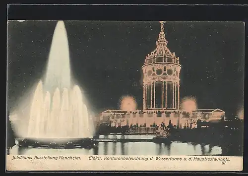 AK Mannheim, Intern. Kunst & Grosse Gartenbau-Ausstellung 1907, Wasserturm und Hauptrestaurant