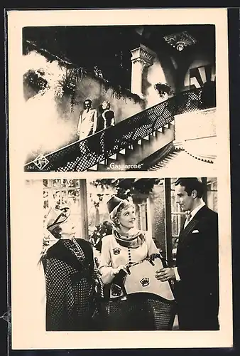 AK Filmszene aus Gasparone, Paar auf der Treppe, zwei Frauen und ein Mann in einem Ladengeschäft