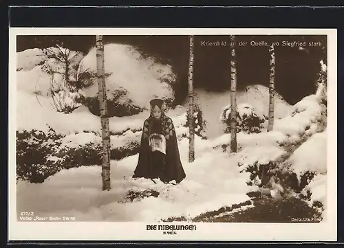 AK Filmszene Die Nibelungen, II. Teil, Kriemhild an der Quelle, wo Siegfried starb