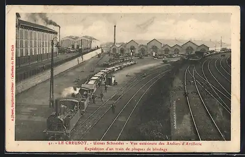 AK Le Creusot, Usines Schneider, Vue extérieure des Ateliers d`Artillerie, Expédition d`un train de plaques de blindage