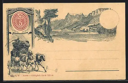 Lithographie Schweiz, Postkutsche, Idyllische Berglandschaft