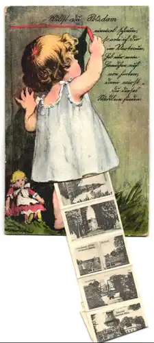 Leporello-AK Potsdam, Ansichten unterm Gewand, Garnisonkirche, Durchblick auf Schloss Sanssouci, Neues Palais