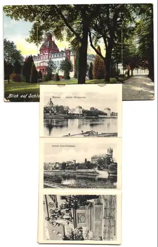 Leporello-AK Hanau, Blick auf Schloss Philippsruhe, Westbahnhof, Kinzigbrücke, Stadtschloss, Marktplatz