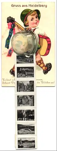 Leporello-AK Heidelberg, Ansichten hinterm Kessel, Schloss und Brücke, Thingstätte, Auto-Bahn, Universität