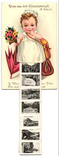 Leporello-AK Rathen / Elbe, Ansichten hinterm Rock, Basteibrücke, Lilienstein, Bad Schandau